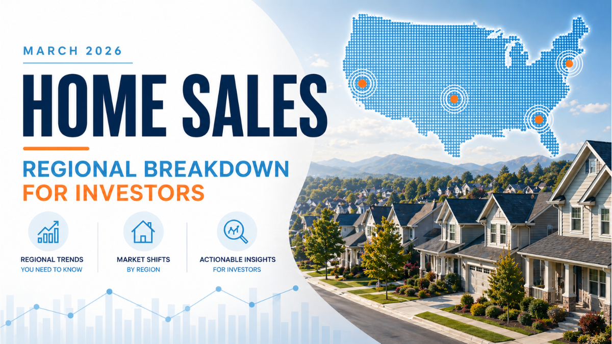 Modern feature image showing suburban homes with a U.S. map overlay highlighting regional housing trends for March 2026 home sales.