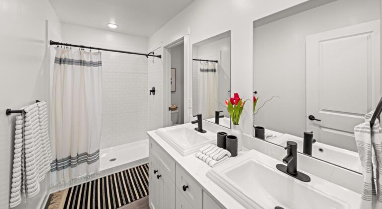 Bathroom with a double vanity and walk-in shower